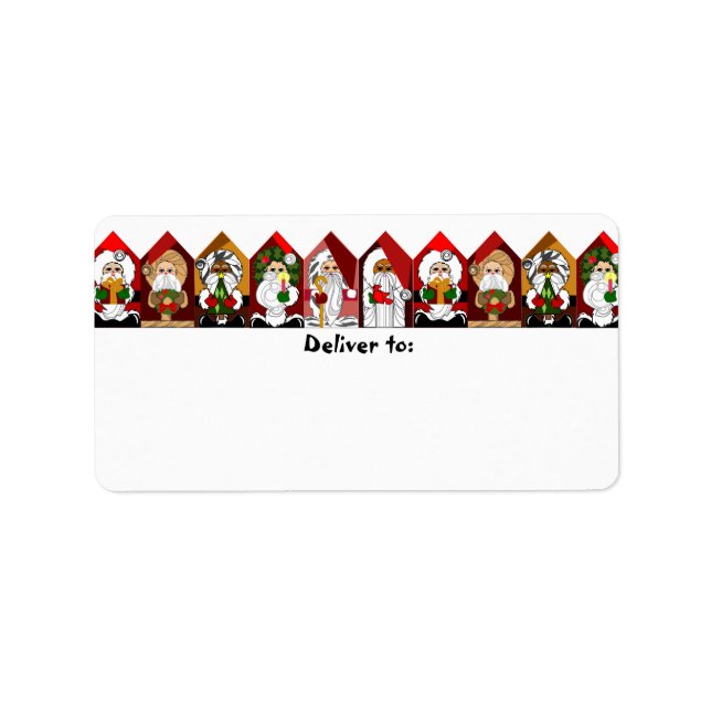 Colourful Cartoon Santas Christmas Address Labels (Front)