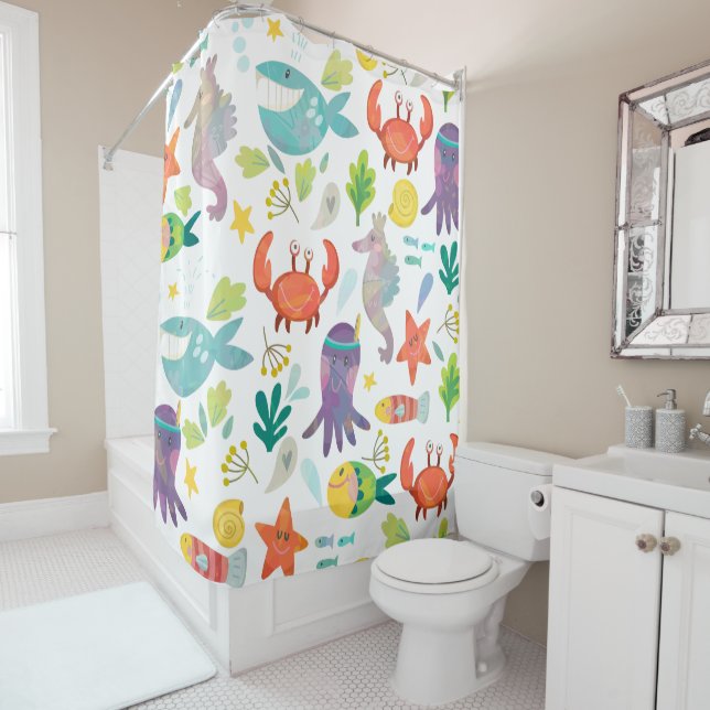 Colourful Cartoon Sea Animals Seamless Pattern Shower Curtain (In Situ)