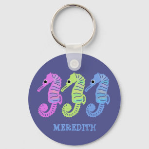 Colourful Cartoon Seashorses Fish Personalised Key Ring