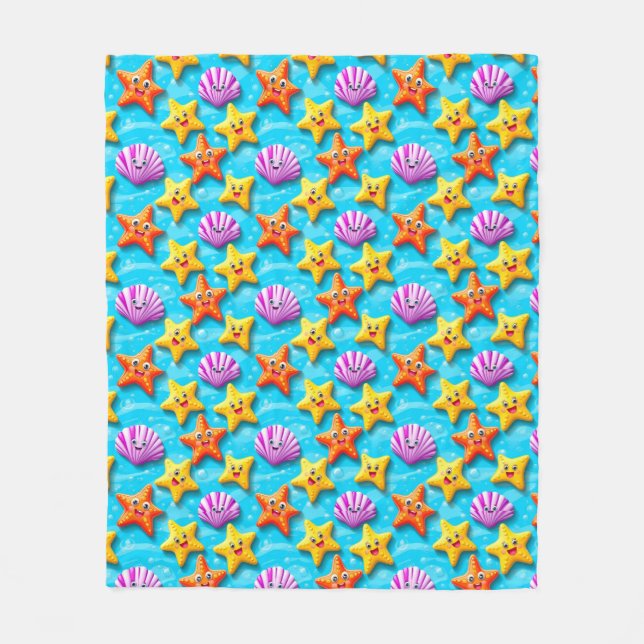 Colourful Cartoon Starfish and Shells Fleece Blanket (Front)