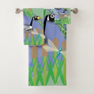 Colourful cartoon style pond with geese and ducks bath towel set