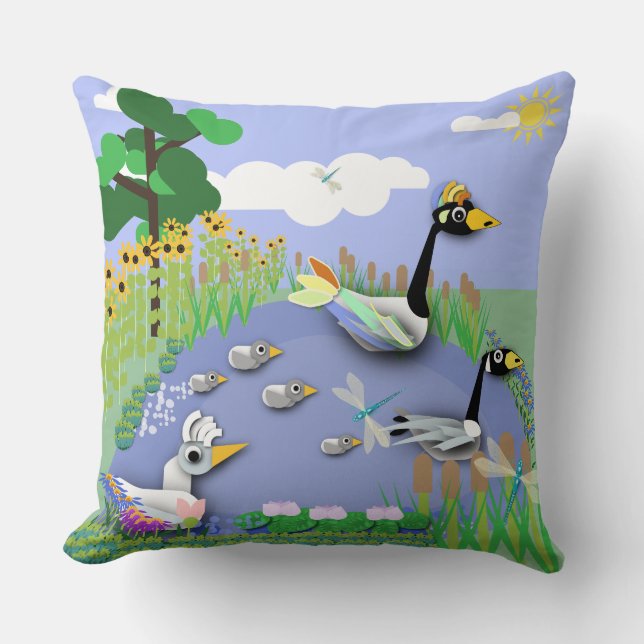Colourful cartoon style pond with geese and ducks cushion (Front)