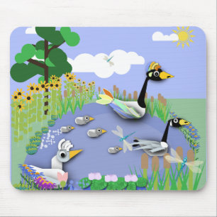 Colourful cartoon style pond with geese and ducks mouse mat