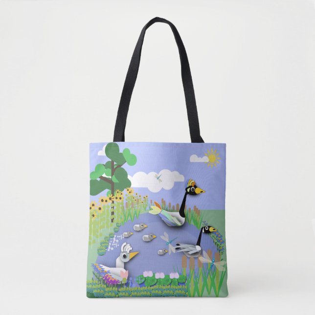 Colourful cartoon style pond with geese and ducks tote bag (Front)