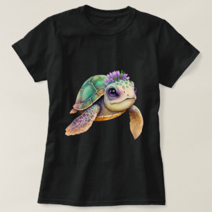 Colourful Cartoon Turtle With Floral Crown  T-Shirt