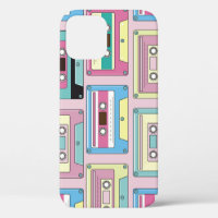Colourful cassettes, pink background pattern.