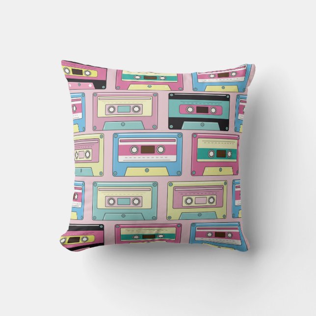 Colourful cassettes, pink background pattern. cushion (Front)