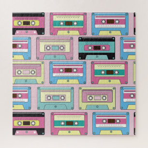 Colourful cassettes, pink background pattern. jigsaw puzzle