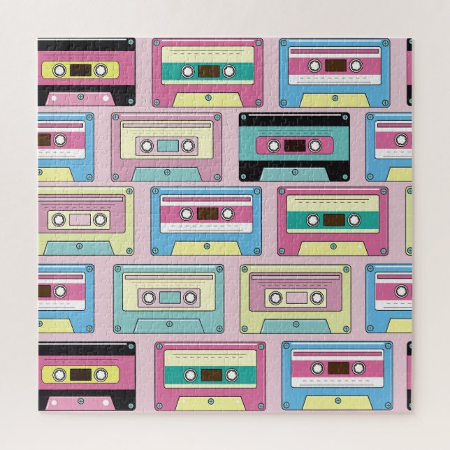 Colourful cassettes, pink background pattern. jigsaw puzzle (Vertical)