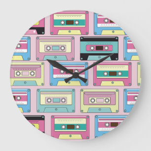 Colourful cassettes, pink background pattern. large clock