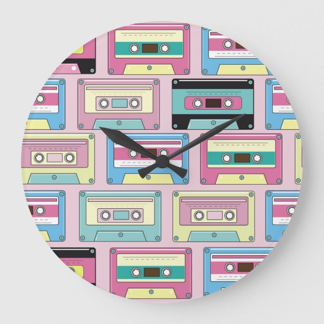 Colourful cassettes, pink background pattern. large clock (Front)