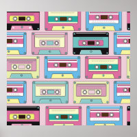 Colourful cassettes, pink background pattern.
