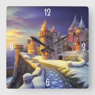Colourful Castle in the Snow Square Wall Clock