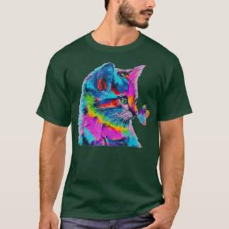 Colourful Cat and Butterfly Tshirt Cute Kitten Pet