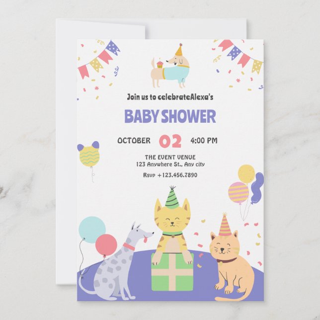 Colourful cat and dog pet baby shower invitation (Front)