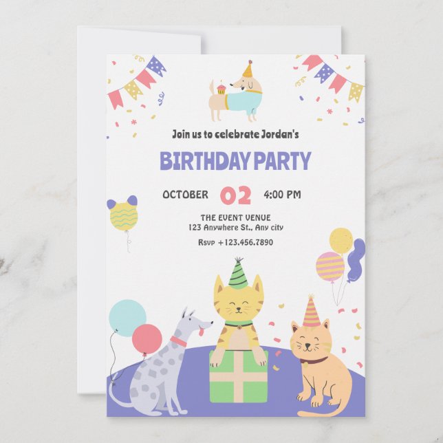 Colourful cat and dog pet birthday party  invitation (Front)