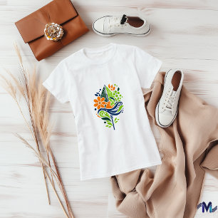 Colourful Cat and Floral Abstract Art T-Shirt