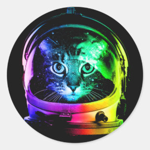 Colourful cat astronaut classic round sticker