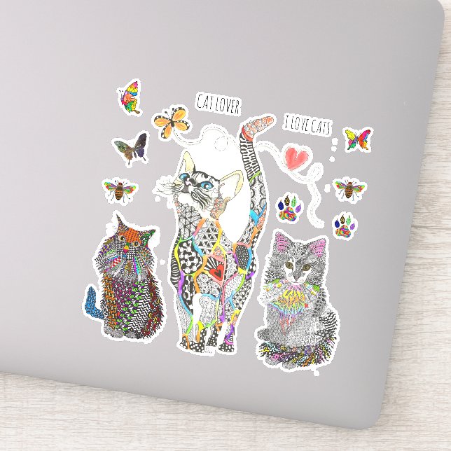 Colourful Cat, Bee and Butterfly Vinyl Stickers (Detail)