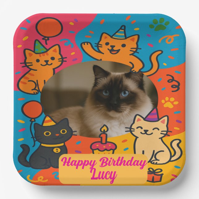 Colourful Cat Birthday with Custom Photo & Name Paper Plate (Front)