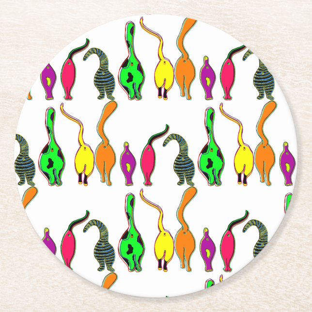 Colourful Cat Butts Pattern Round Paper Coaster (Front)