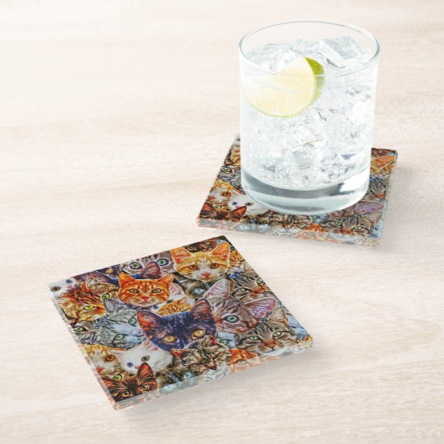 Colourful Cat Collage Glass Coaster (Angled)