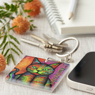 Colourful Cat Custom Name  Key Ring