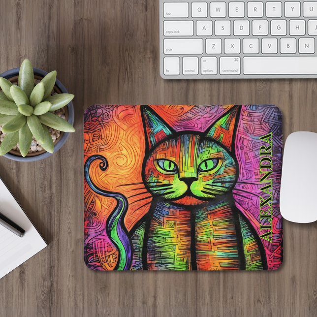 Colourful Cat Custom Name  Mouse Mat (A colorful custom name mousepad for cat lovers!)