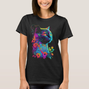 Colourful Cat Flower Psychedelic Art T-Shirt
