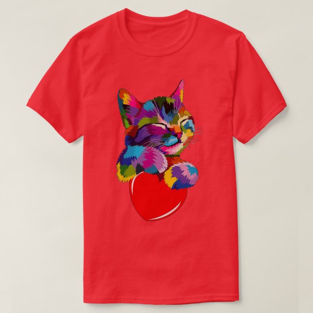 Colourful Cat Hugging Heart T-Shirt (Design Front)