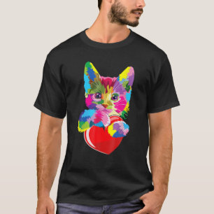 Colourful Cat Hugging Heart Valentine's Day T-Shirt
