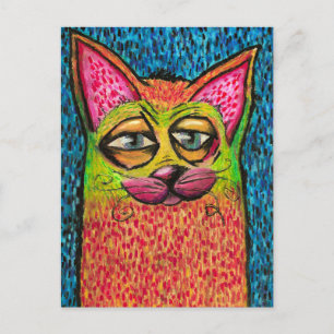 Colourful Cat in Oil Pastel Bright Colours Happy C Postcard