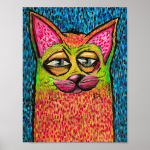 Colourful Cat in Oil Pastel Bright Colours Happy C Poster