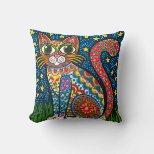 Colourful Cat in Starry Night – Mexican Folk Art D Cushion