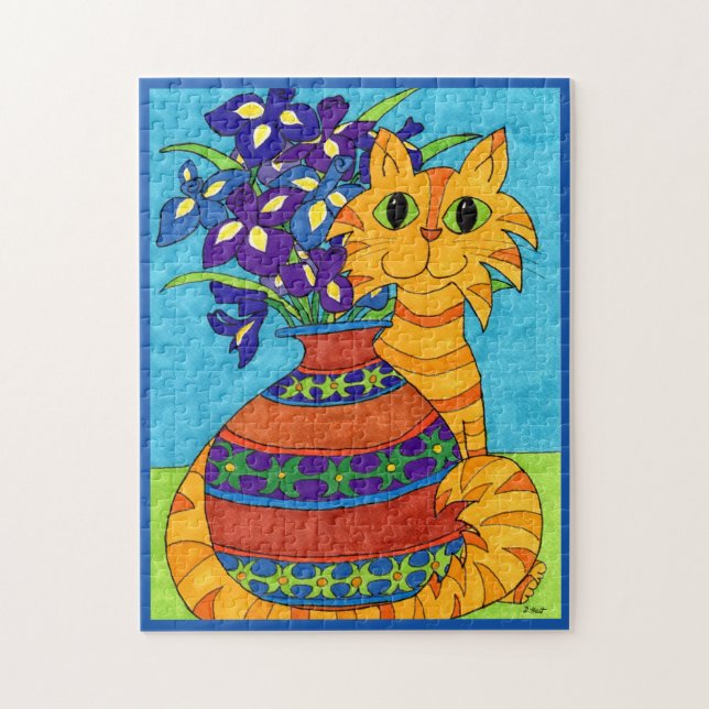 Colourful Cat Irises Flowers Vase Cartoon Folk Art Jigsaw Puzzle (Vertical)