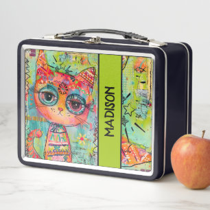 Colourful Cat Kid's Custom Name Metal Lunch Box
