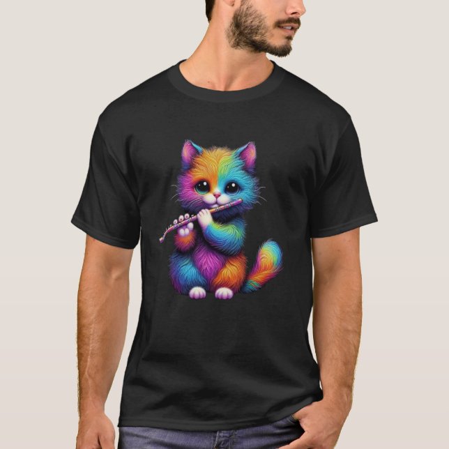 Colourful Cat Kitten Funny Cute Cat Playing Flute  T-Shirt (Front)