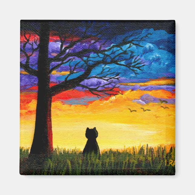 Colourful Cat Oak Tree Landscape Creationarts Magnet (Front)