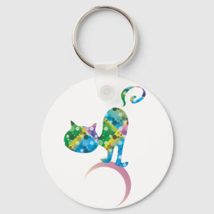 Colourful Cat On Crescent Moon Keychain