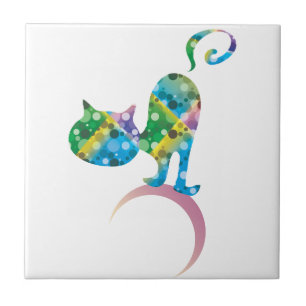 Colourful Cat On Crescent Moon Tile