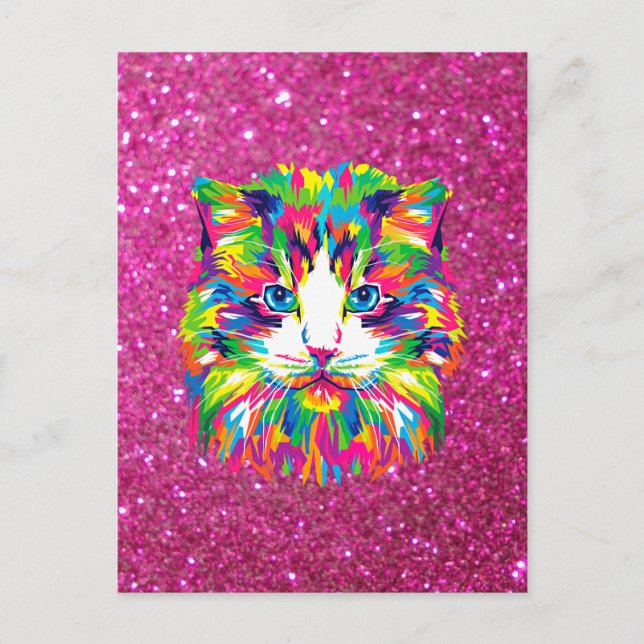 Colourful cat on sparkling background postcard (Front)
