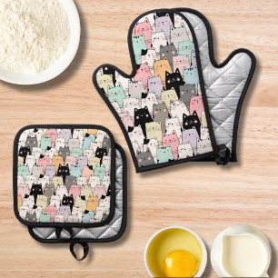 Colourful Cat Pattern Modern Kitty Lover Oven Mitt & Pot Holder Set
