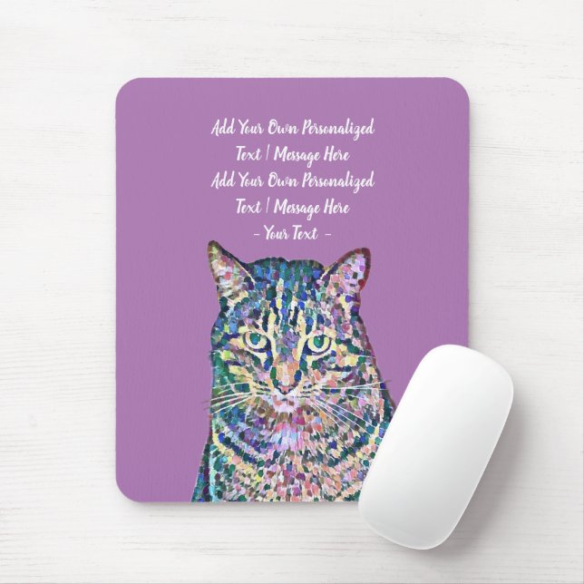 Colourful Cat Personalised Text Mouse Mat (With Mouse)