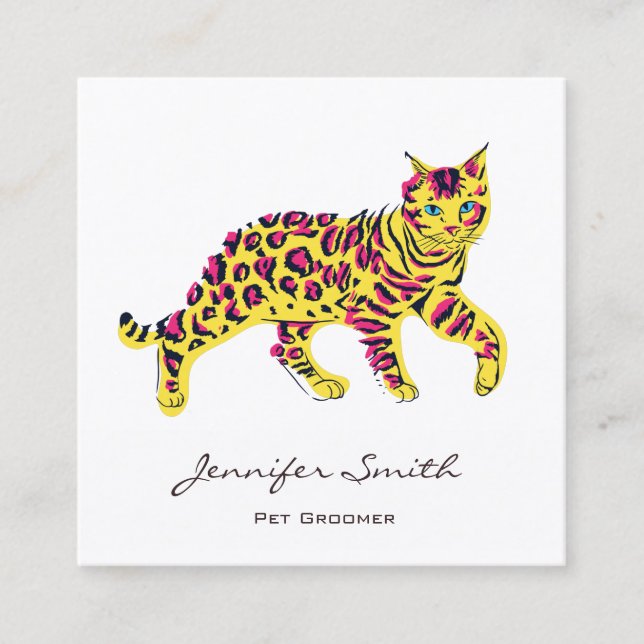 Colourful Cat Pet Groomer Square Business Card (Front)