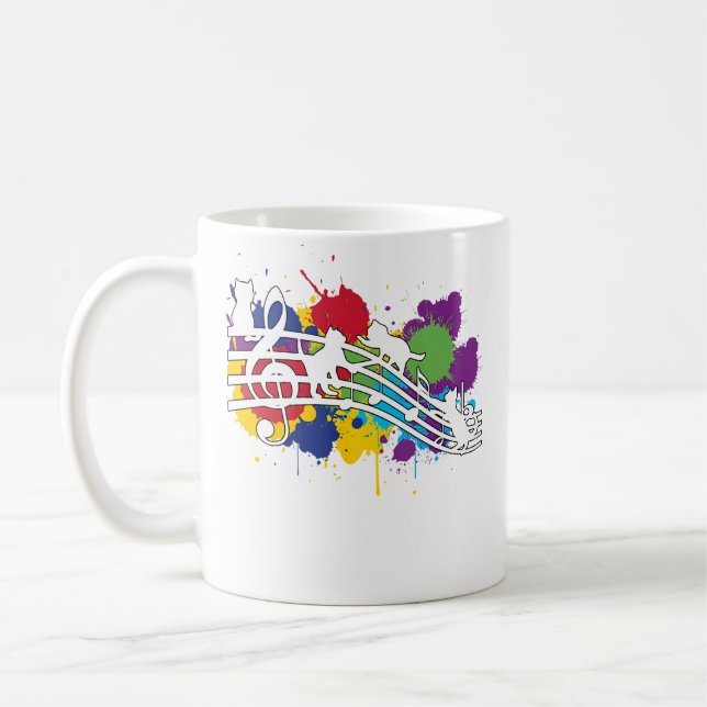 Colourful Cat Playing On Musical Notes Sheets Musi Coffee Mug (Left)