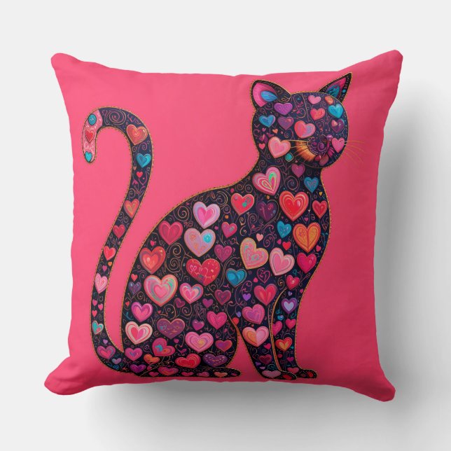 Colourful Cat Silhouette Decorated with Hearts Cushion (Front)
