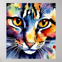 Colourful Cat Silhouette Watercolor Wall Poster