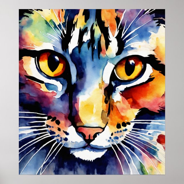 Colourful Cat Silhouette Watercolor Wall Poster (Front)