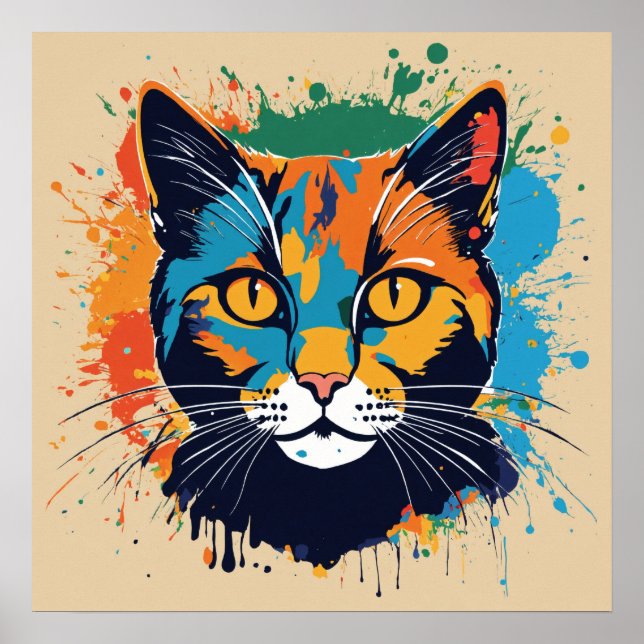 Colourful Cat Silhouette Watercolor Wall Poster (Front)