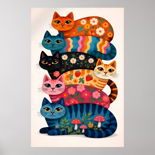 Colourful Cat Stack Poster, Whimsical Floral Anima Poster (Front)